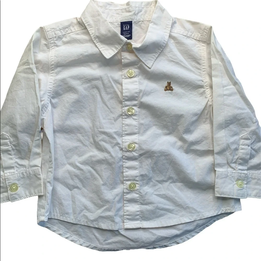 Gap Baby Polo Long Sleeved White Button Up Teddy Bear Embroidered Shirt sz 2